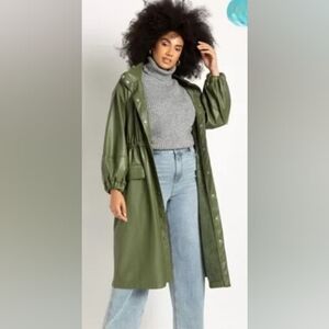Eloquoii Olive Green Women's Long Jacket Size 14/16 Faux Leather